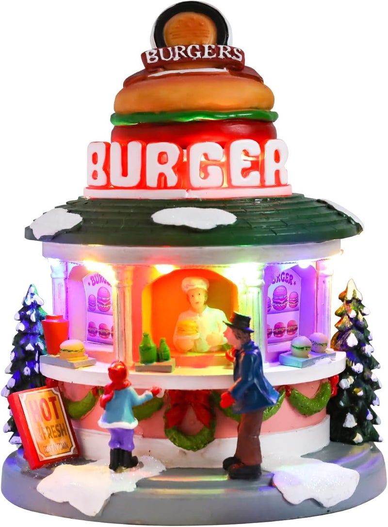 CHONSUN Christmas Village 7.5 Inch Animated Christmas Shop Decorations Moving Hamburger 3AA Batteries Music Village People Indoor Lights Figurines for Room Tabletop Xmas Decor - Image 1